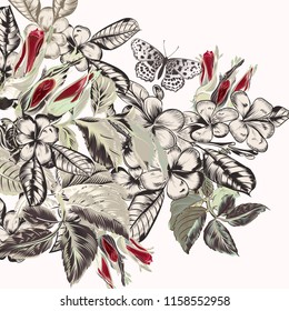 Beautiful vector background with hand drawn tropical flowers in vintage style