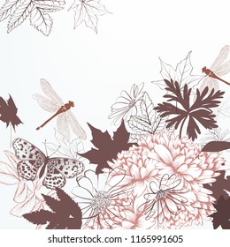 Beautiful vector background with hand drawn flowers and dragonfly in vintage style