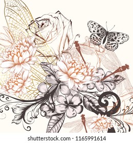 Beautiful vector background with hand drawn flowers in vintage style