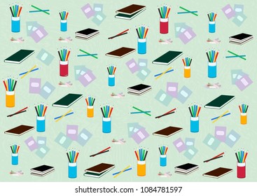 beautiful vector background for a holiday teacher's day postcard, poster, banner, packaging, training materials, with elements of a notebook, pencil, chalk, stationery.