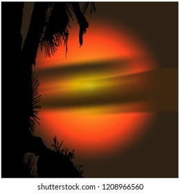 Beautiful vector background. The mountine sunrise with trees silhouette with sun and fog.