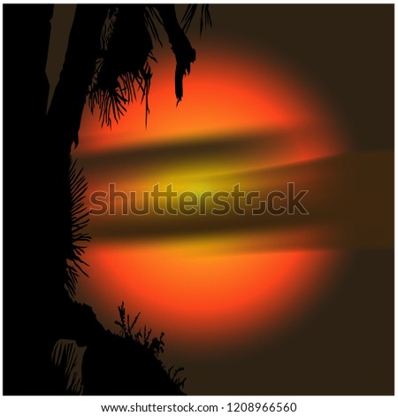 Beautiful vector background. The mountine sunrise with trees silhouette with sun and fog.