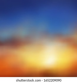 Beautiful vector background, natural phenomenon, brownish orange sunset or dawn, blue sky, blur, haze, clouds, sun. Ideal for web page design, advertising, travel business, or your other project.