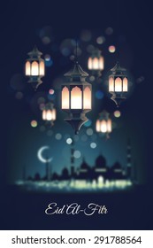 Beautiful vector background on Eid Al-Fitr muslim holiday with lanterns and silhouette of mosque, stars and lights on background 