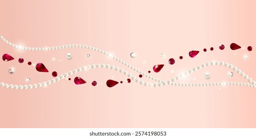 Beautiful vector background of pearls and red gemstones. Rubies. Jewelry. Necklace. Border.