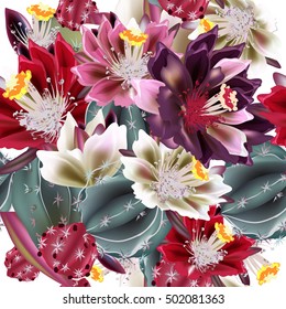 Beautiful vector background with realistic cactus flowers in watercolor style