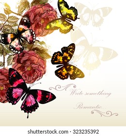 Beautiful vector background with roses and butterflies for romantic events design