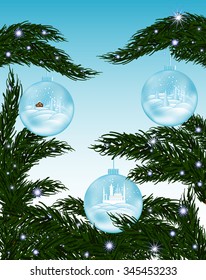 Beautiful vector background with snow covered fir-tree branch and three glass Christmas balls