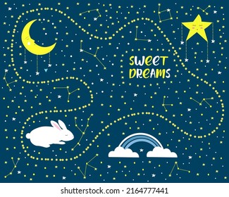 Beautiful vector background with starry sky, clouds, rainbow, moon, and rabbit. Sweet dreams lettering. Hand drawn for the little ones.