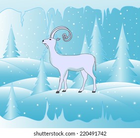 Beautiful vector background with symbol of the upcoming year 2015 goat and icy forest