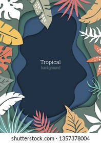 Beautiful vector background with tropical leaves and a volumetric 3D backdrop with imitation of multilayer cut paper