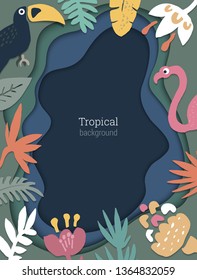 Beautiful vector background with tropical leaves and birds on volumetric 3D backdrop with imitation of multilayer cut paper