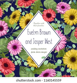 Beautiful vector background, wedding invitation card, greeting card, label, banner. Watercolor yellow, red, pink gerbera flowers with eucalyptus leaves with a diamond-shaped frame.