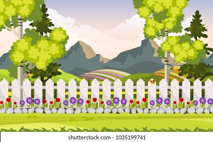 Beautiful Vector Backyard, Flower Bed, Trees and Fence.
