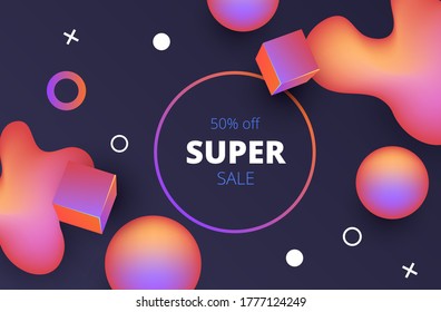 beautiful vector banner with dark background and rainbow volumetric geometric shapes