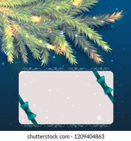 Beautiful vector banner design. Holiday postcard. Realistic fir tree branches, paper sheet and silk blue bows on dark blue background with bokeh and shining stars. Luxury New Year and Xmas gift card.