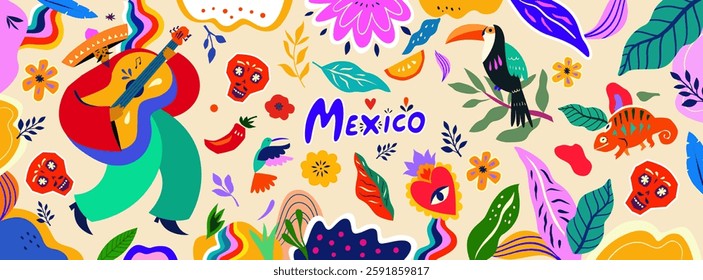 Beautiful vector banner with design for Mexican holiday. Vector template with traditional Mexican symbols.