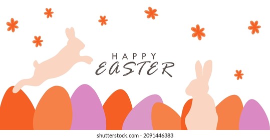 Beautiful vector banner with rabbits, colored eggs, beautiful inscription happy Easter. Pink and orange colors. Simple flat and cartoon style. Background design, postcards, stickers, flyers.