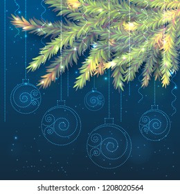 Beautiful vector banner. Realistic fir tree branches and shining transparent Christmas balls with swirls on dark blue background with bokeh and shining stars. Luxury New Year and Xmas postcard.