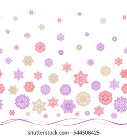 Beautiful vector beige, violet and pink snowflakes isolated on a white background. Illustration. Snowflakes, snowfall. Falling Christmas stylized snowflakes.