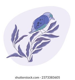 Beautiful vector bird on branch, plants and leaves