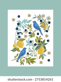 Beautiful vector birds on branch, lemons, plants and leaves