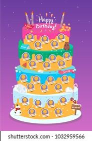 Beautiful vector birthday calendar. Illustration of a festive cake with photo frames. Cute  decorations in the form of elements of the seasons.