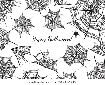 Beautiful vector black banner with spider web for Happy Halloween celebration. Hand drawn vector sketch illustration in doodle engraved vintage line art style. Autumn mystery holiday