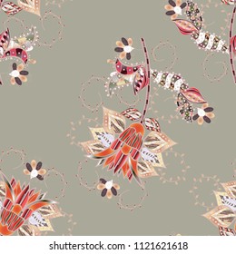 Beautiful vector black, brown and beige snowflakes isolated on a colorful background. Snowflakes, snowfall. Illustration. Falling Christmas stylized snowflakes.