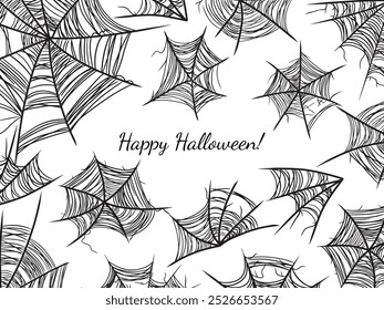 Beautiful vector black and white banner with spider web for Happy Halloween celebration. Hand drawn vector sketch illustration in doodle engraved vintage line art style. Autumn mystery holiday