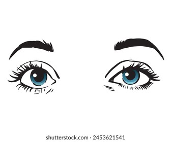 Beautiful Vector Blue Female Eyes lashes and eyebrows.