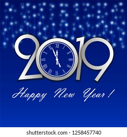 Beautiful vector blue New Year card with illuminations, numbers and clock