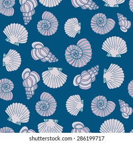 Beautiful vector blue seamless sea pattern with seashell illustrations