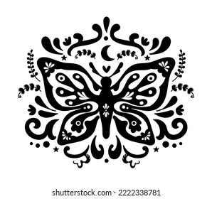 Hermosa ilustración vectorial boho de una mariposa, polilla en un estilo bohemio, místico retro