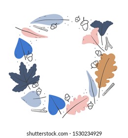 Beautiful vector botanical illustration. Autumn Leaves round wreath on a white background.
