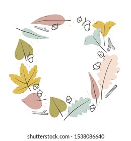 Beautiful vector botanical illustration. Autumn Leaves round wreath on a white background.