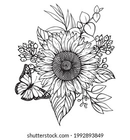 Beautiful vector bouquet and butterfly sunflowers sketch style 
