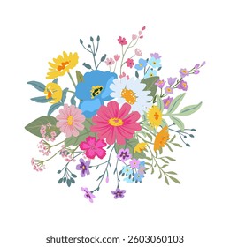 Beautiful vector bouquet of colorful wildflowers. Elegant floral composition with forget-me-nots, chamomile, daisies