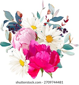 A beautiful vector bouquet of flowers. Delicate, vibrant summer vector flowers. For design and decoration.