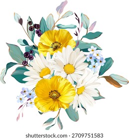 A beautiful vector bouquet of flowers. Delicate, vibrant summer vector flowers. For design and decoration.