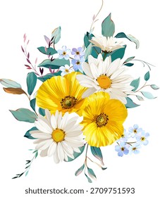 Un hermoso ramo de Vector de flores. Flores de Vector de verano delicadas y vibrantes. Para el diseño y la decoración.