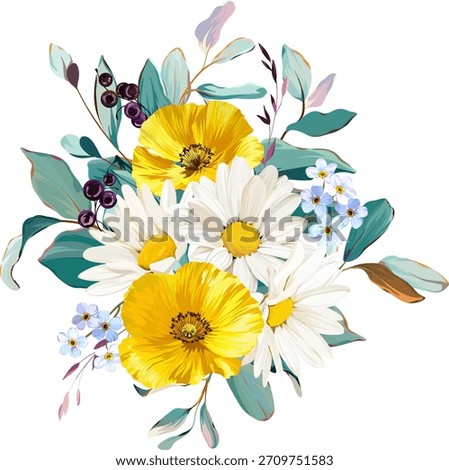 A beautiful vector bouquet of flowers. Delicate, vibrant summer vector flowers. For design and decoration.