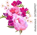 Beautiful vector bouquet of flowers. Summer and spring bright flowers. Blossom and flowers for decoration. Peony, freesia, forget-me-not