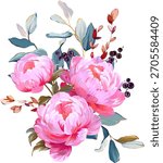 Beautiful vector bouquet flowers. Summer flower peony, forget-me-nots. Pink, bright flowers