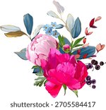 Beautiful vector bouquet flowers. Summer flower peony, forget-me-nots. Pink, bright flowers