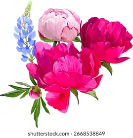Beautiful vector bouquet flowers. Summer flower peony, lupine