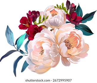 Beautiful vector bouquet of flowers. Summer peonies, red freesia, pink flowers.