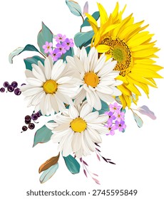 Beautiful vector bouquet of flowers. Summer flowers, vibrant plants. Sunflower bouquet