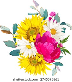 Beautiful vector bouquet of flowers. Summer flowers, vibrant plants. Sunflower bouquet