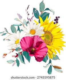Beautiful vector bouquet of flowers. Summer flowers, vibrant plants. Sunflower bouquet